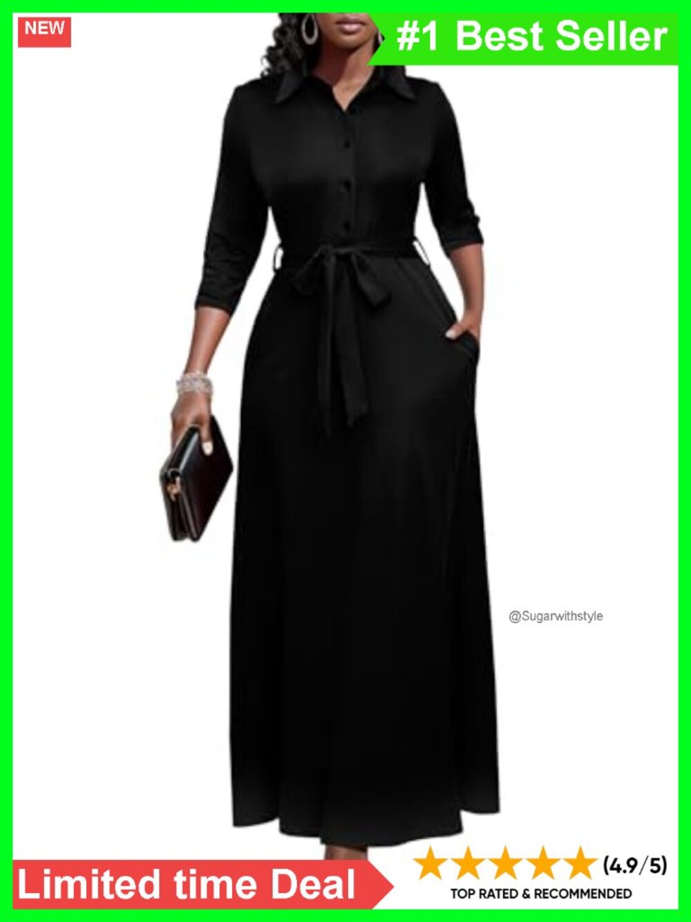 Button Down Maxi Dress 3/4 Sleeve Pockets Church Casual